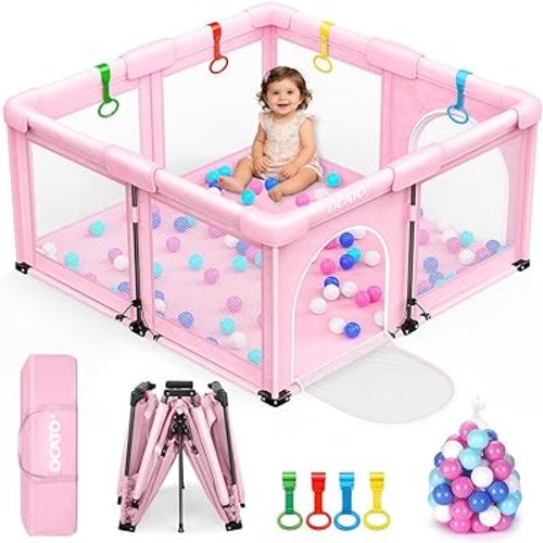 OCATO Baby Playpen: Foldable Playpen for Babies and Toddlers Large Play Pen Portable Playpen Fence Indoor Outdoor Kids Safety Area Travel Play Yard with 4 Handlers 50 Balls Baby Girl Gifts (50" × 50")