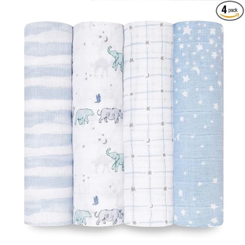 aden + anais Boutique Muslin Swaddle Blanket for Baby Girls and Boys, Newborn Receiving Blanket for Swaddling, 100% Muslin Cotton Swaddle Wrap, 4 Pack, Rising Star