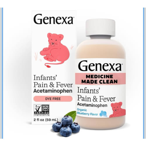 Genexa Infants’ Clean Pain & Fever Acetaminophen, Dye Free, 0% Artificial Additives, Delicious Organic Blueberry Flavor, Liquid Oral Suspension Medicine for Baby, 160 mg per 5mL, 2 fl oz