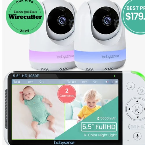 Babysense Max View: Video Baby Monitor with 2 Cameras, Split Screen, Non Wifi, Night Light & Sound Machine