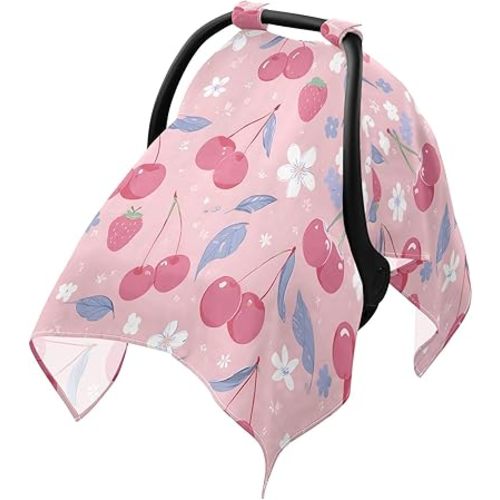 Strawberry Cherry Infant Car Seat Cover Baby Girls Stroller Carseat Covers Canopy Muslin Breathable Soft Lightweight Sun Shade Universal Fit