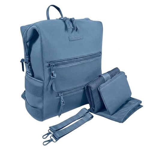 BUNSO Neoprene Diaper Bag – minimalist, water-resistant backpack with pouch, changing pad, and stroller straps. Lightweight unisex baby diaper bag in Slate Blue