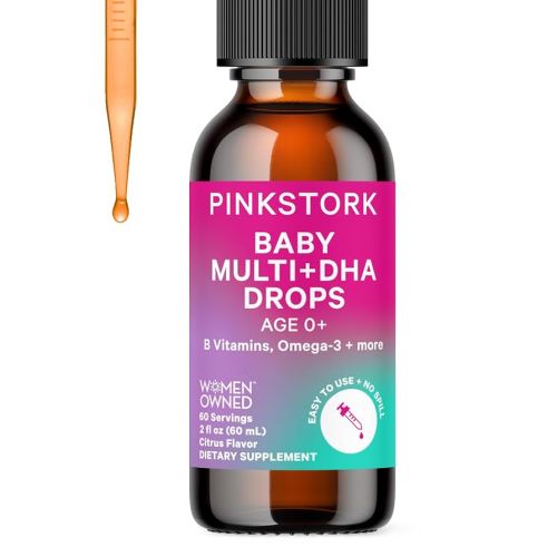 Pink Stork Baby Liquid Multivitamin Drops, Baby & Toddler Vitamin Drops with DHA, Vitamin C, D, B12 and Choline to Support Brain Health and Immune Function - 2 fl oz, 2 Month Supply