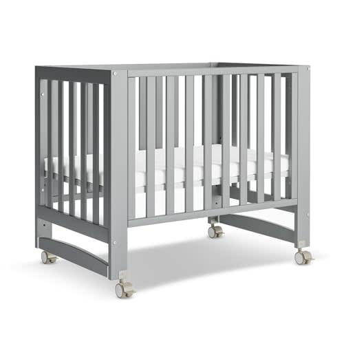 MAMAZING EvoNest Baby Crib, 3 in 1 Convertible Mini Crib with Wheels, 100% New Zealand Wood Crib, 4 Adjustable Mattress Height,GREENGUARD Gold Certified, Grey