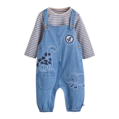 Dinosaur Denim Overalls & Stripe Top Set
