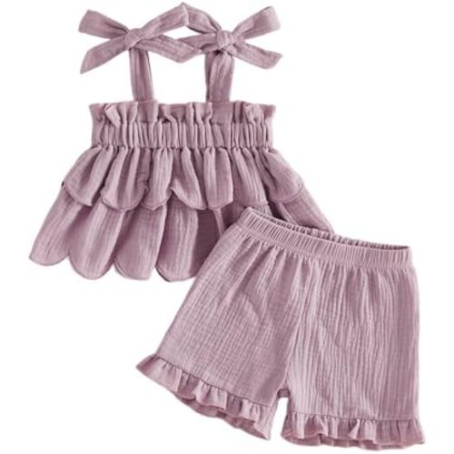 BeQeuewll Toddler Baby Girl Clothes Summer Linen Outfit Sleeveless Tie Up Tank Tops+Ruffled Shorts Little Girls 2 Pieces