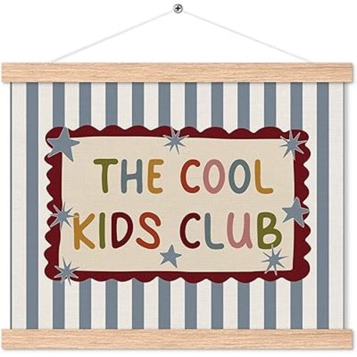 Kid Playroom Poster Hanger Frame, the Cool Kids Club Poster Framed with Wood Hanger, Blue Striped Nursery Wall Hanging Banner for Kid Nursery Room Bedroom Playroom Classroom Decor, 16x12in