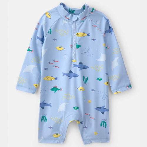 Baby Boy Fish 1-Piece Rashguard Swimsuit - Blue