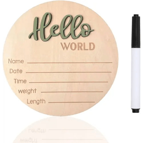Baby Announcement Sign, ​5.9 Inch Wooden Hello World Newborn Signs, Birth Announcement Sign, Baby Shower Hospital Nursery for Newborn Boys and Girls (Forest Green,Pen)