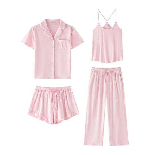 SAPJON Women Soft Pajama Sets 4 Piece, Cute Pjs, Ruffle Shorts, Cami Top | Button up Sleepwear, Lounge Sets , Comfy Shorts and Long Pants, Adjustable Shoulder Straps, Wedding Bridal Party