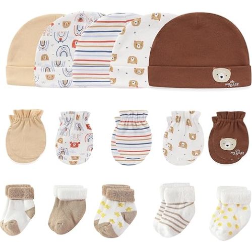 MAMIMAKA Newborn Baby Boy Girl Caps Mittens Socks Set Cotton Baby Essentials Accessories (Hats+Gloves+Socks)