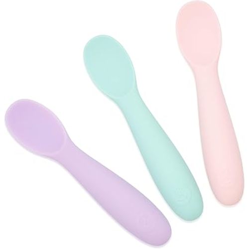 WeeSprout Baby Spoons for Self Feeding 6 Months +, Soft & Durable Silicone Utensils for Sensitive Gums & Teeth, Easy Grip Handles & Shorter Length for Little Hands, 3 Pack + Carrying Case