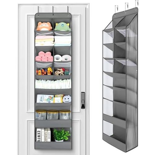 Yecaye 1 Pack 8 Tier Over the Door Organizer with Large Pockets, Partition Design Behind the Door Storage for Nursery, Closet and Bathroom, Door Organizer Hanging with Shoes and Baby Essential, Gray