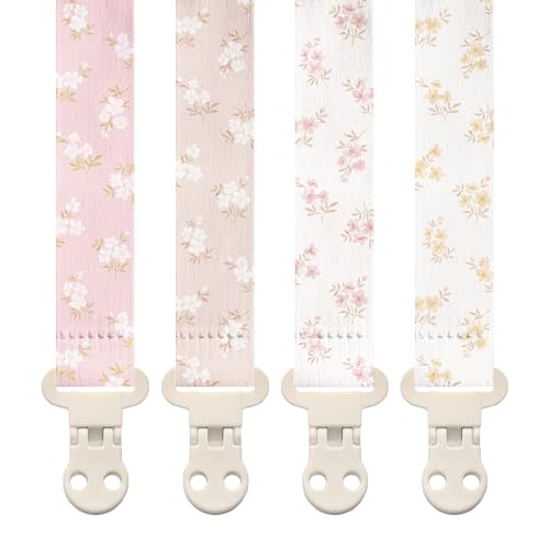 Stadela Baby Fabric Pacifier Clip Holder, Plastic Clip, 4Pack, Wildflower Pattern, Heather Set