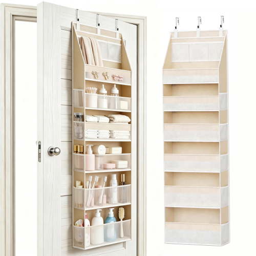 6-Shelf Fabric Over the Door Organizer with 13 Mesh Pockets, 55lbs Capacity, Heavy Duty Non-Woven Fabric for Bathroom, Pantry, Closet, Beige, 1 Pack