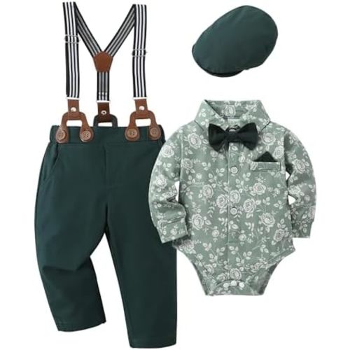 YALLET Baby Boy Clothes Set Infant Tuxedo Long Sleeve Gentleman Suit Outfits + Beret Hat + Suspender Pants + Bowtie 0-18M