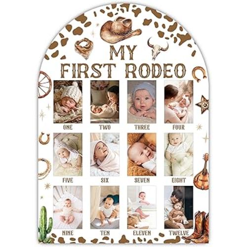 Western Cowboy My First Year Photo Board, My First Rodeo Baby Milestone Signs for Boys Girls Nursery Decor, 12 Month Wooden Picture Board for 2x3 Photos, Best Babies Keepsake Gifts-B05