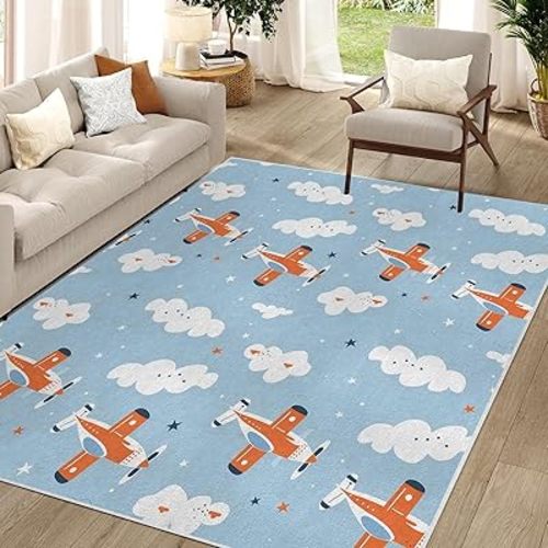 Cartoon Aircraft Rug 3x5, Washable Blue Sky Airplane Rugs, Soft Clouds Stars Rug Non-Slip Indoor Floor Carpet, Non Shedding Low-Pile Rugs for Entryway Bedroom Living Room Kitchen Mat