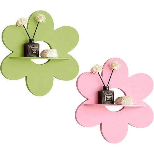 Cute Shelf Pink Floating Shelves, 2Pcs Flower Shaped Green Floating Shelves Display Daisy Decor for Bathroom Livingroom Bedroom Shelves (Pink Green)