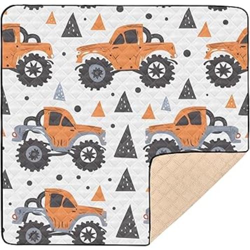 Cute Orange Monster Truck Baby Play Mat for Floor, 50x50 inch Playpen Mat,Thicken Soft Non-Slip Tummy Time Mat for Toddlers and Infants