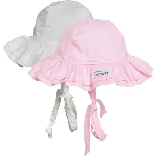 Double Ruffle Hat 2Pack, Vanilla Stripe Seersucker & Pastel Pink - Flap Happy | Maisonette