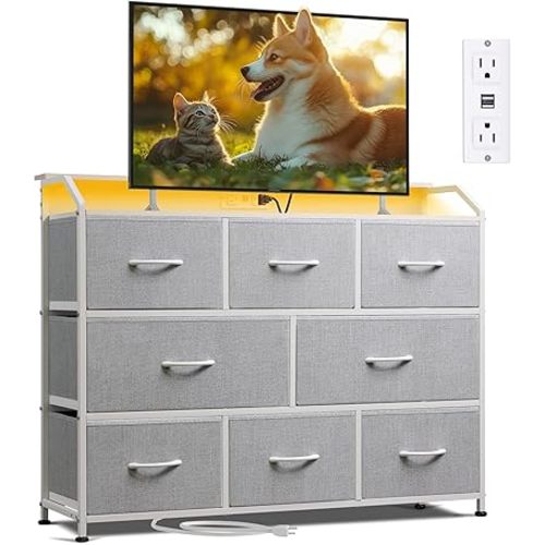 WLIVE Dresser TV Stand with Power Outlets, Led Dresser for Bedroom, Fabric Chest of Drawers with Open Shelves, Wood Top, Steel Frame, 6 Drawer Dressers for Closet, Living Room, Light Grey