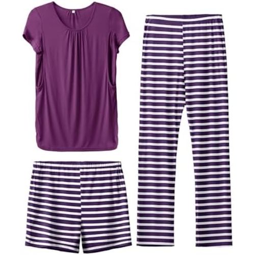 SUNNYBUY Womens Maternity Nursing Pajamas Set, Short Sleeve Breastfeeding Shirts，Pregnancy Shorts & Pants 3 Piece Nursing PJS