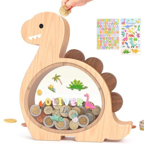 Summidate Wooden Dinosaur Piggy Bank for Kids Boys, Cute Wood Dino Money Bank for Toddlers, Creative Saving Coin Jar, Personalized Present for Child Birthday & Decor (Brachiosaurus, Standard)