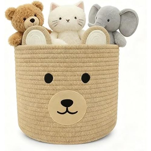 Bear Basket for Nursery, Baby Shower Baskets, Baby Baskets for Storage, Laundry Hamper, Storage Basket for Children Kids Toy Plant Gift Indoor Corner 10" D x 8" H (Khaki)