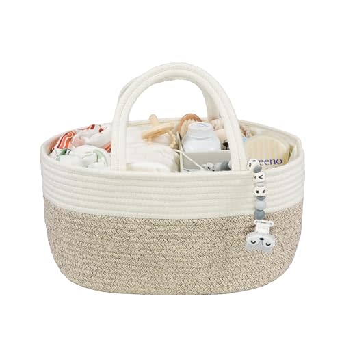 Large Baby Diaper Caddy Organizer for Girl Boy Rope Nursery Storage Bin Basket Portable Holder Tote Bag for Changing Table Car Travel Baby Shower Gifts Newborn Registry Must Haves White and Brown