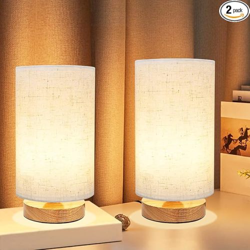 Small Bedside Table Lamp for Bedroom set of 2,Minimalist Wood Base & Round Fabric Shade,Mini Cute Cozy Warm Nightstand Boho Lamp set, Study Desk Night Stand Light for Room, Dorm,Nursery,Living Room