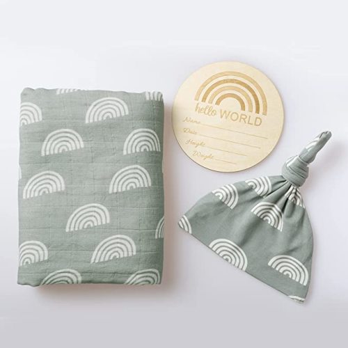 Miaoberry 100% Organic Cotton Muslin Receiving Blanket | Sage Green Rainbow Baby Swaddle Set