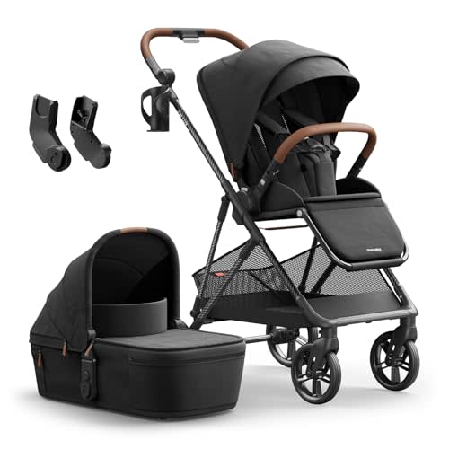 Mamazing Full-Size Baby Stroller with Bassinet from Newborn to Toddler | One Hand Fold Bassinet Stroller with Recline & Reversible Seat, UPF 50+ Canopy, Large Basket & Car Seat Adapter Included