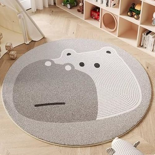 Poowe Round Kids Rug 31.5" Grey Hippo, Machine Washable Rug for Playroom, Non-Slip Circle Rugs for Classroom, Soft Circular Carpet Kids Play Mat for Nursery Bedroom Preschool
