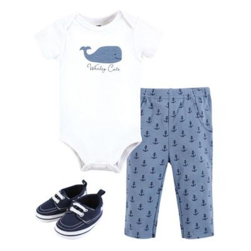 Hudson Baby Infant Boy Cotton Bodysuit, Pant and Shoe Set, Whaley Cute Anchor, 6-9 Months