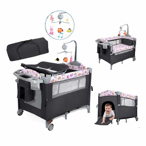 Pack and Play with Bassinet 4-in-1 Baby Playard with Changing Table Wheels Music Box,Foldable Pack n Play for Baby Toddler