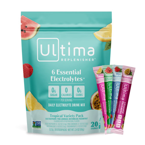 Ultima Replenisher Hydration Electrolyte Drink Mix Powder Packets, Sugar-Free Tropical Variety Pack, 20 Ct