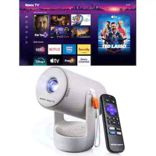 Aurzen - Roku TV Portable Mini Projector with Upgraded Sound Base, 180° Rotation, Auto Vertical Keystone, Zoom for Home/Outdoor - Gray