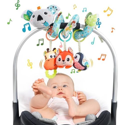 Jollybaby Crib Stroller Car Seat Toys for Baby 0-3-6-9-12 Months, Tummy Time Hanging Sensory Toys for Newborn with Music Box and Teether, Spiral Carseat Toy for Infant Boys Girls Gifts (Grey)