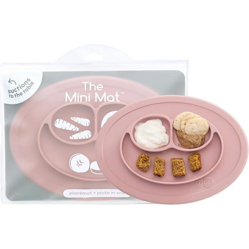 ezpz Mini Mat (Blush) - 100% Silicone Suction Plate with Built-in Placemat for Infants + Toddlers - First Foods + Self-Feeding - Comes with a Reusable Travel Bag