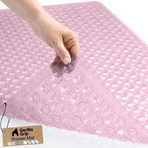 GORILLA GRIP Patented Bath Tub Shower Mat, Machine Washable Bathtub Floor Liner Mats, Suction Cups and Drain Holes to Keep Tubs Clean, Soft on Feet, Bathroom Essentials, 35x16 Inch, Clear Light Pink