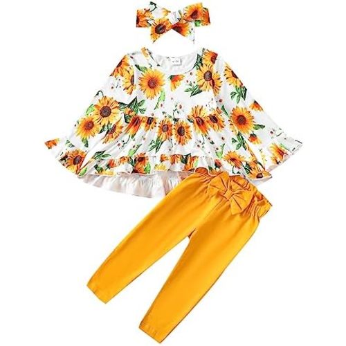Kucnuzki Baby Girl Clothes Toddler Girl Outfit Ruffle Sleeve Shirt Floral Pant Set Fall Winter Clothing for Girl