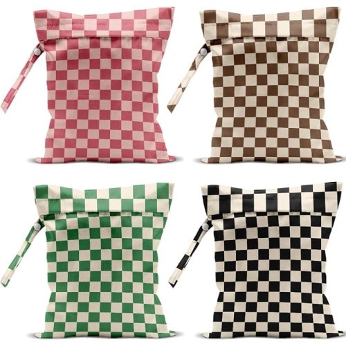 4 Pack Cute Wet Bag Waterproof Washable Reusable Wet Dry Bag for Swimsuit Dirty Clothes Diaper Travel Pool Yoga Gym Birthday Party Camping Toiletries Beach Essentials, Colorful Checkered