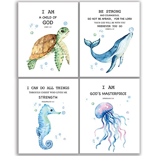 Scripture Bible Verse Wall Decor Set of 4 (8”X10”), Watercolor Blue Ocean Theme Religious Gifts for Children, Inspirational Bible Verses Quotes Baby Nursery Wall Decor, No Frame