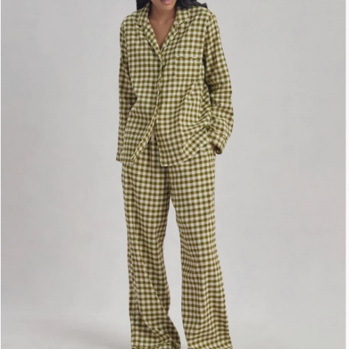 Botanical Green Gingham Linen Blend Pajama Set | Piglet in Bed US