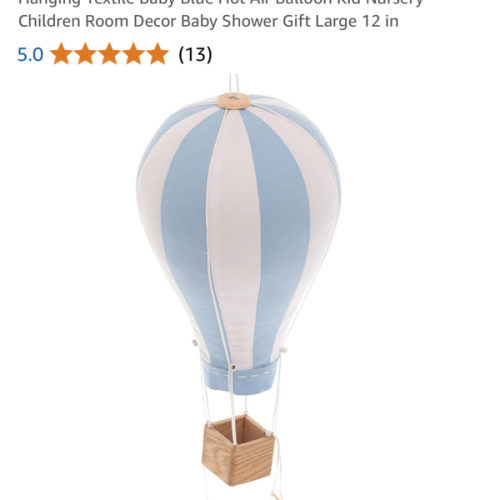 Hanging Textile Baby Blue Hot Air Balloon Kid Nursery Children Room Decor Baby Shower Gift Large 12 in