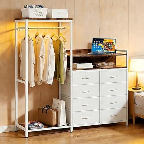 Dresser with Clothes Rack,58" H Clothing Rack with Fabric Drawers & LED Lights,Clothes Racks for Hanging Clothes,8 Drawers Dresser,Garment Rack for Bedroom with Charging Station,White