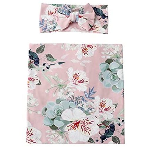 Galabloomer Newborn Receiving Blanket Headband Set Baby Flower Rose Swaddle with Big Bow (Pearl Floral)