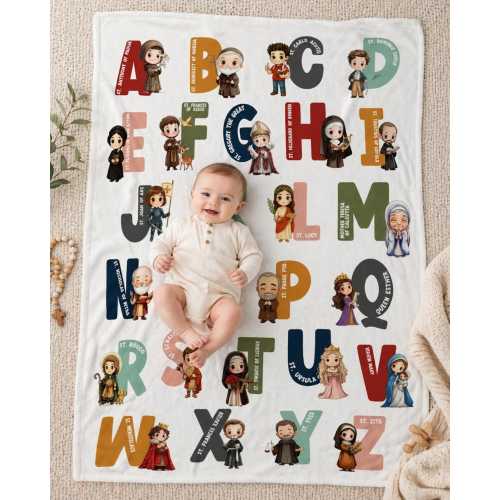 Catholic Saint ABCs Blanket | Holy Saints of Heaven Velveteen Throw | Baptism, Baby Shower, 1st Communion Kids Gift | Godchild Son Daughter