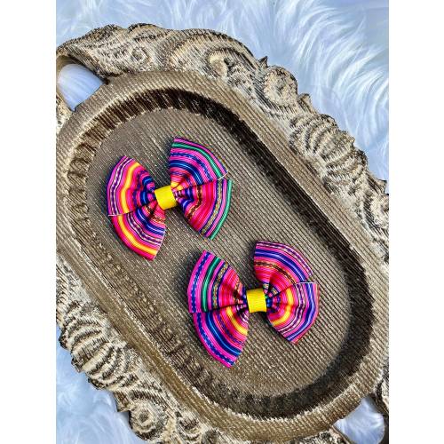 Serape Pigtail Hair Bows, Mexican Fiesta, Bright Striped Barrette